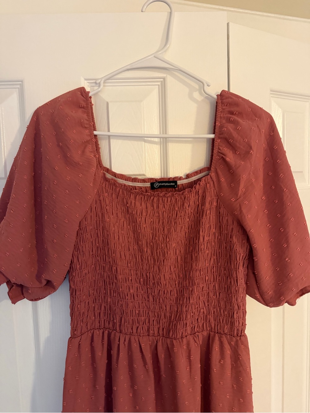 Rust Smocked Square-Neck Puff Sleeve Top